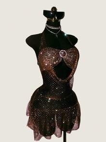 Jeanoix Women's Party Dress, Shiny Fishnet & Rhinestone Material, Suitable For Bar, Party, Club Outfit - Chocolate Brown - View 3