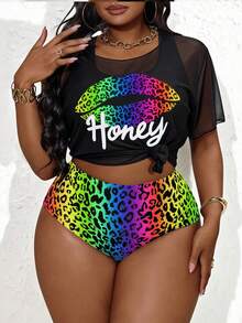 Slaydiva Plus Size Women 3pcs Set Leopard Print Hoodie Top & Camisole Bikini Swimsuit Set - Multicolor - View 5
