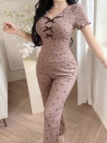 Feyla 女士蝴蝶结装饰短袖上衣和裤子休闲两件套 - 藕粉色 - 查看 4