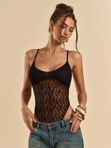 SHEIN BAE Body de encaje negro transparente y sexy para mujer - Negro - Ver 3
