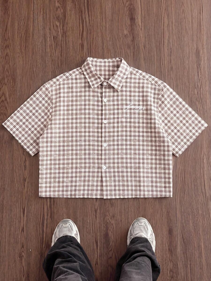 SWAVVY Men's Fashion Plaid Embroidered Single-Breasted Short Sleeve Shirt, Versatile - Brown - View 1