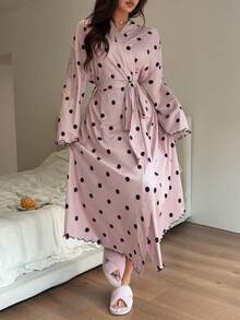 Napfluff Áo choàng dài tay in chấm bi thắt eo dành cho nữ - Hồng - Xem 3