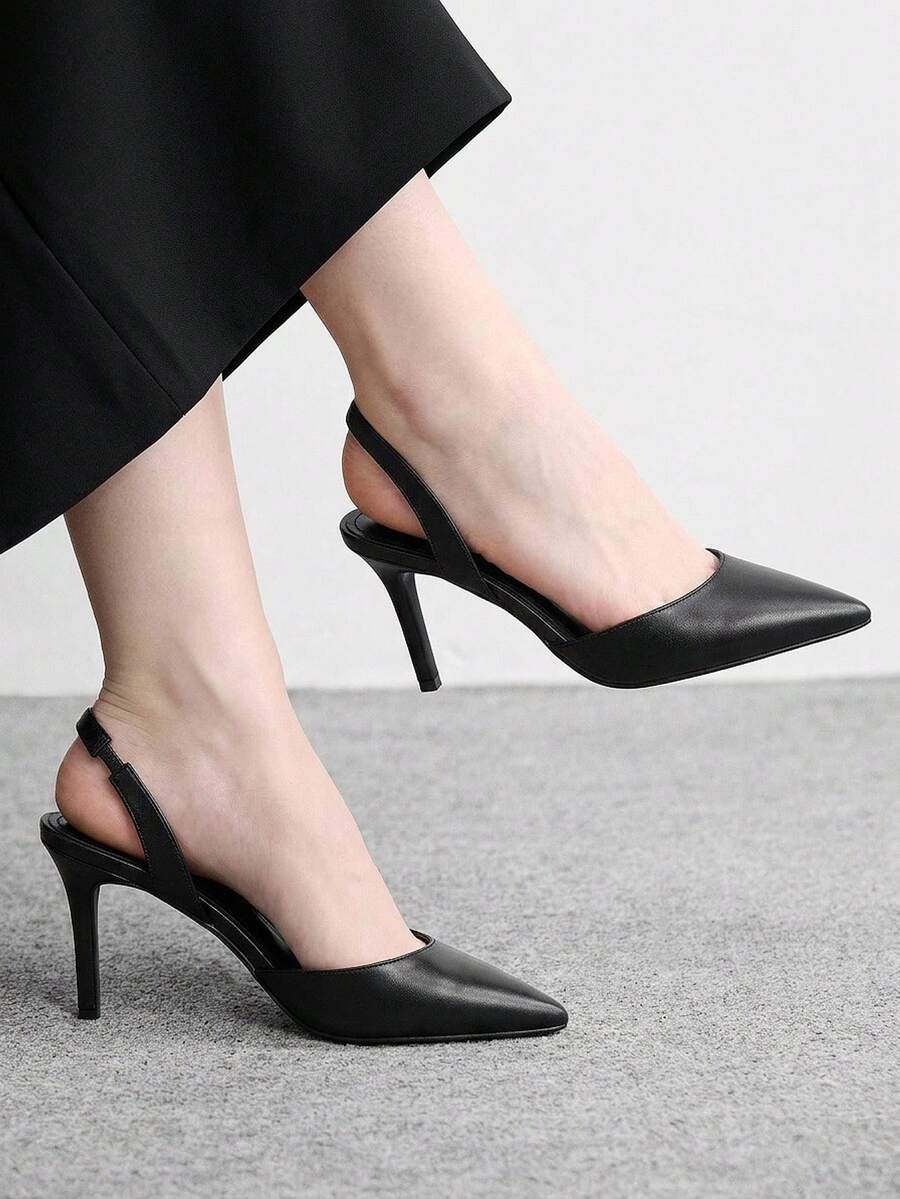 CUCCOO BIZCHIC Giày sandal cao gót mũi nhọn quai ngang mắt cá chân màu đen mờ bóng dành cho nữ, kiểu dáng thanh lịch, đa năng, phù hợp cho công sở và đi làm. - Than chì đen - Xem 1
