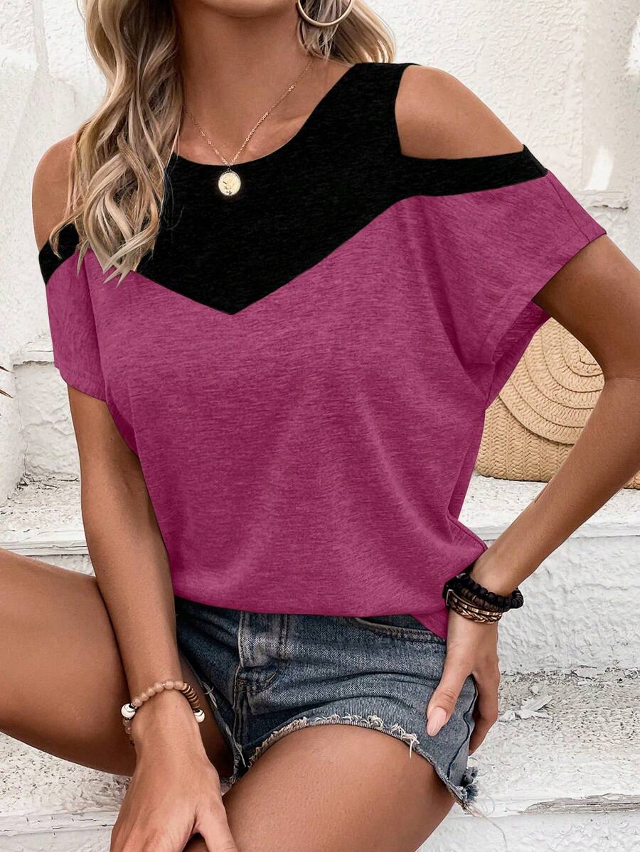 EMERY ROSE Color Block Open Shoulder T-Shirt Graphic Tees Women Tops Goin Out Black Summer - Purple - View 1