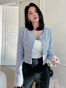 DAZY Plaid Pattern Short Round Neckline Open Front Long Sleeves Jacket - Blue - View 5