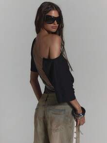 MUSERA Slouchy Off The Shoulder Open Back Chain Detail Longline Cropped T-Shirt Sexy Summer Spring Rave Festival Holiday Party Going Out Serpent - Black - View 4