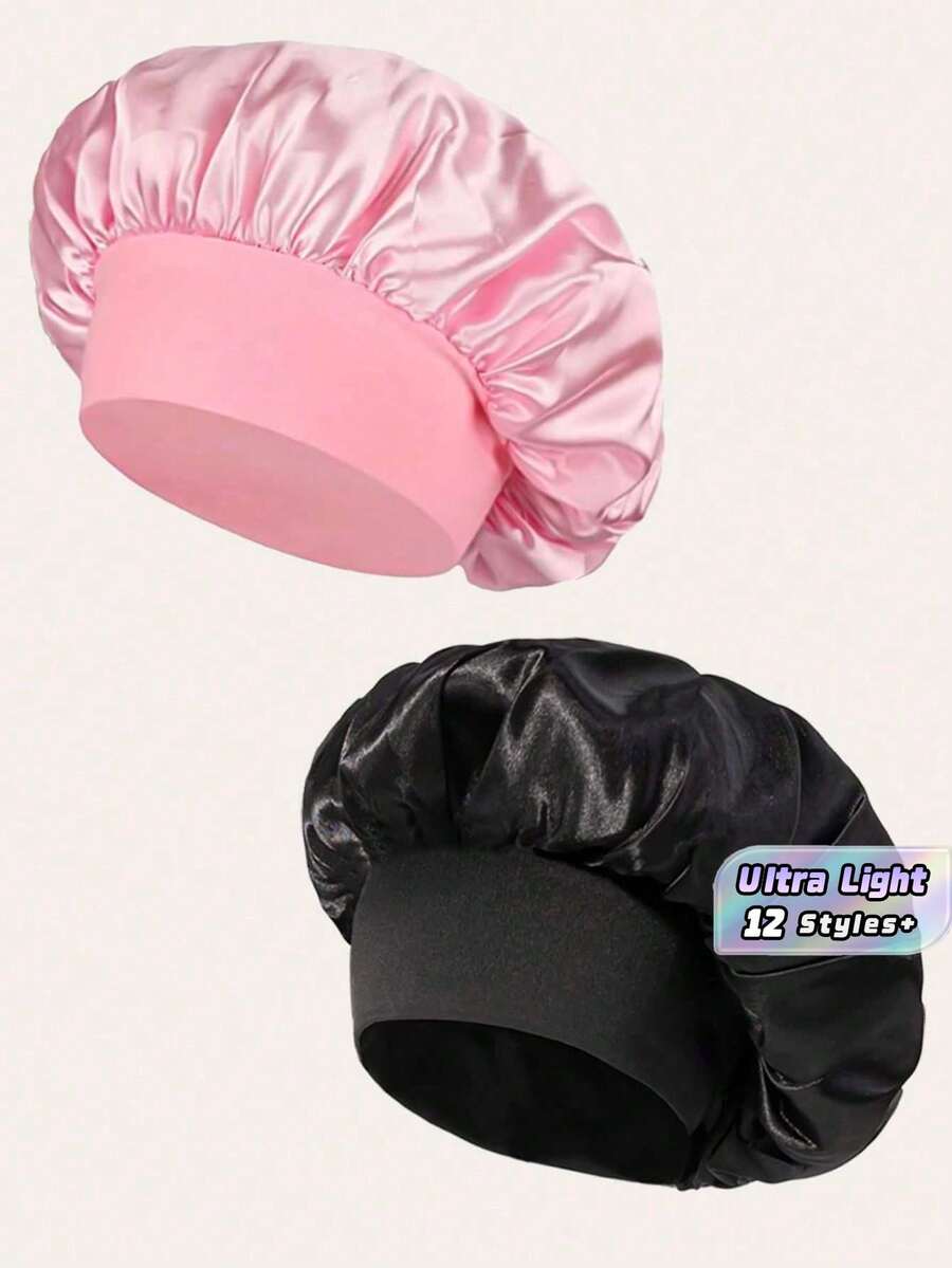 SHEIN 1/2 chiếc mũ trùm đầu bằng lụa khi ngủ, mũ trùm đầu bằng vải satin, mũ trùm đầu bằng lụa có dây thun mềm mại, khăn quấn tóc bằng lụa cho tóc xoăn, mũ trùm đầu khi ngủ cho phụ nữ, khăn quấn tóc bằng lụa, mũ trùm đầu bằng lụa có dây thun bản rộng, mềm mại và thoáng khí, lý tưởng để giữ nếp tóc xoăn qua đêm, mũ tắm dùng được mọi mùa, thoải mái cho bệnh nhân hóa trị (màu đen/phấn) - Hồng - Xem 1
