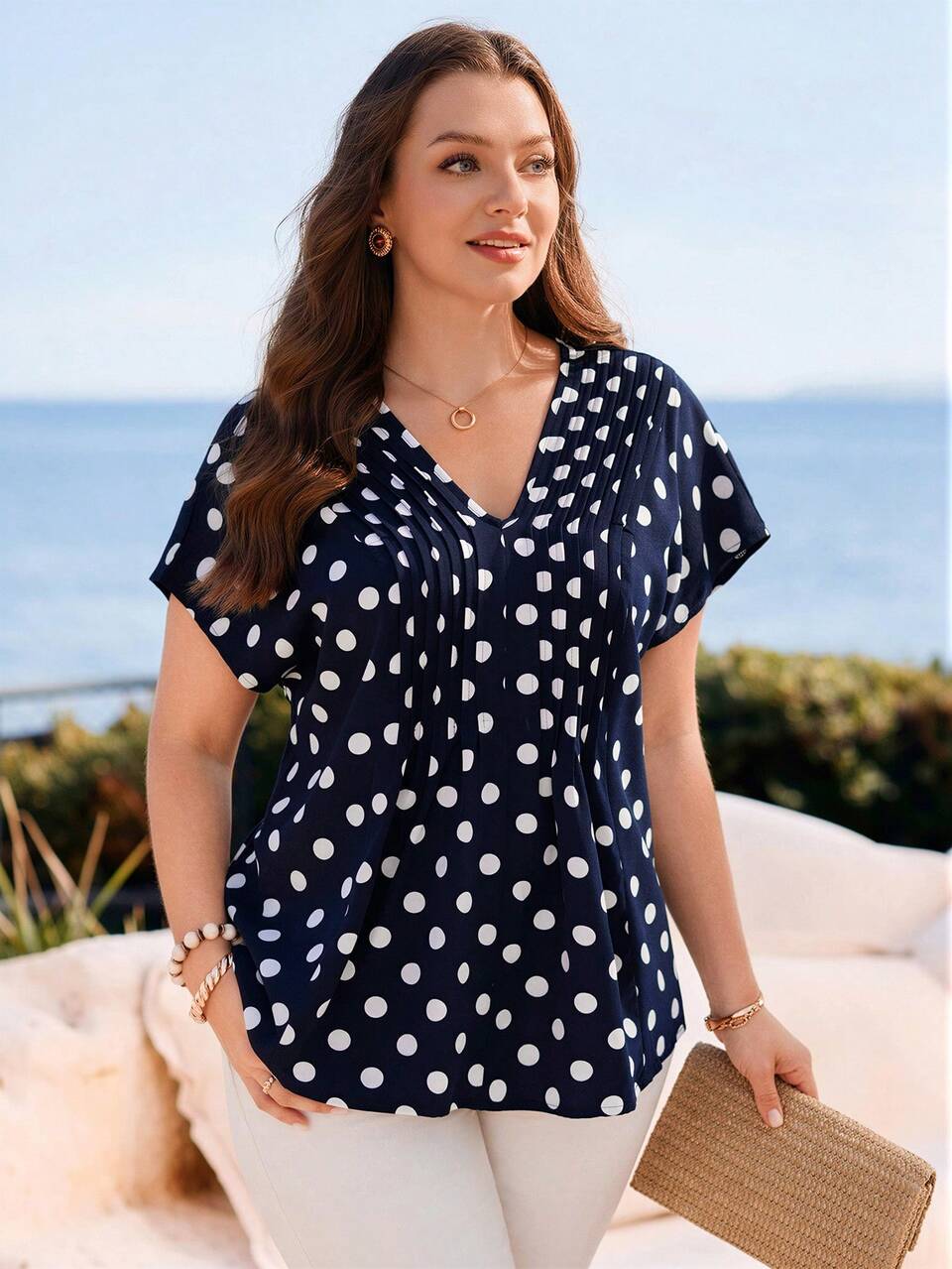Plus Size Women's Navy Blue Polka Dot Short Sleeve Blouse, Elegant Summer Vacation Holiday, Casual Boho, Western Country Concert Top Formal Evening