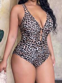 Slaydiva Plus Size Women One-Piece Swimsuit, Sexy Leopard Print Design For Summer Holiday - Brown - View 3