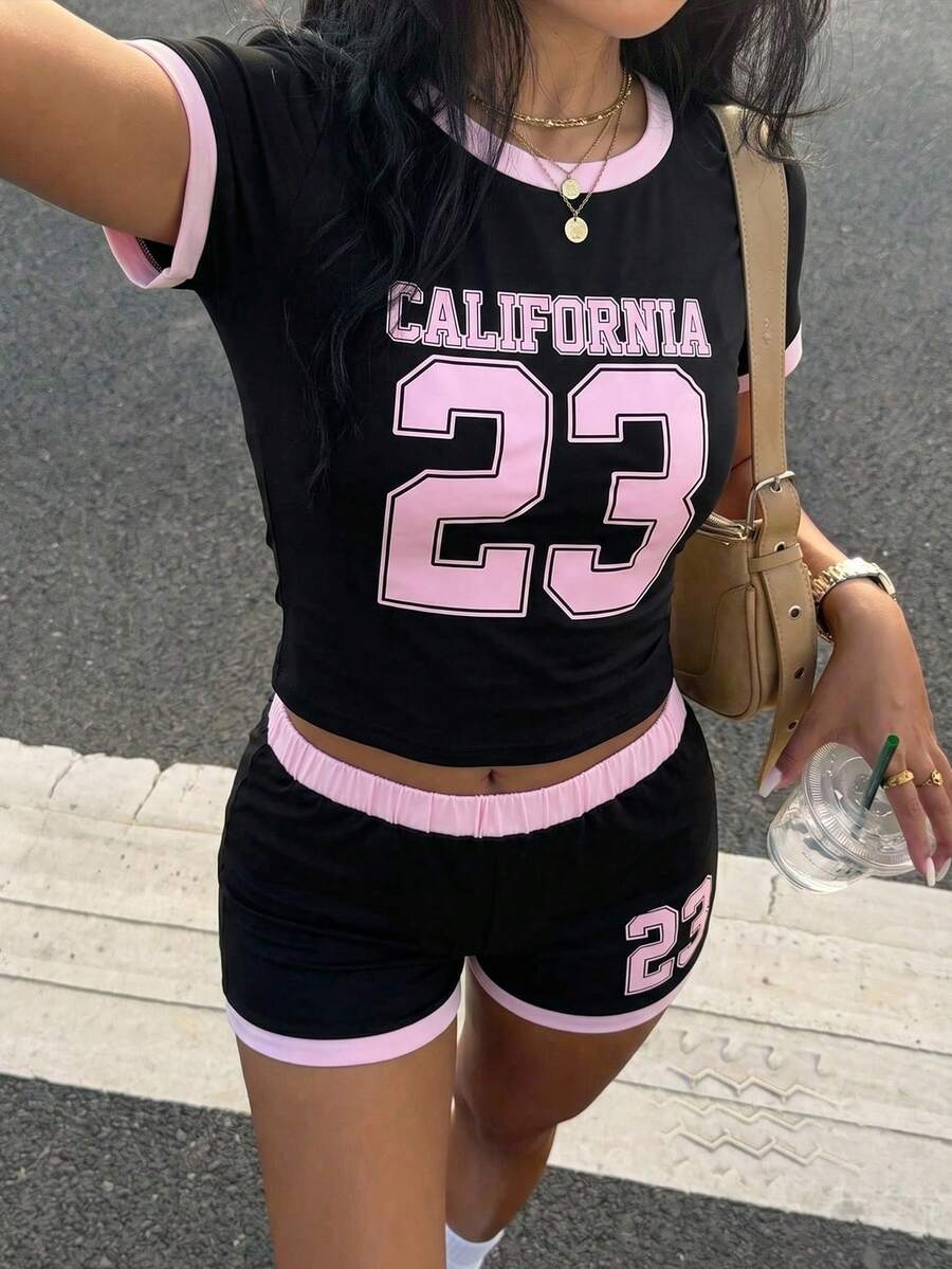 SHEIN 少女T恤套装,夏季新款针织黑色拼接粉色数字字母图案休闲运动T恤套装 - 黑色 - 查看 1