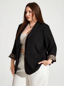 Enliva Blazer de leopardo negro de talla grande para mujeres con empalme de puños, elegante atuendo diario para la oficina y el trabajo - Negro - Ver 6