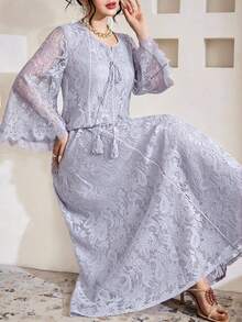 SHEIN Najma Đầm xòe tay lửng 3/4 cổ vuông phối ren tua rua dành cho nữ - Màu tím - Xem 6