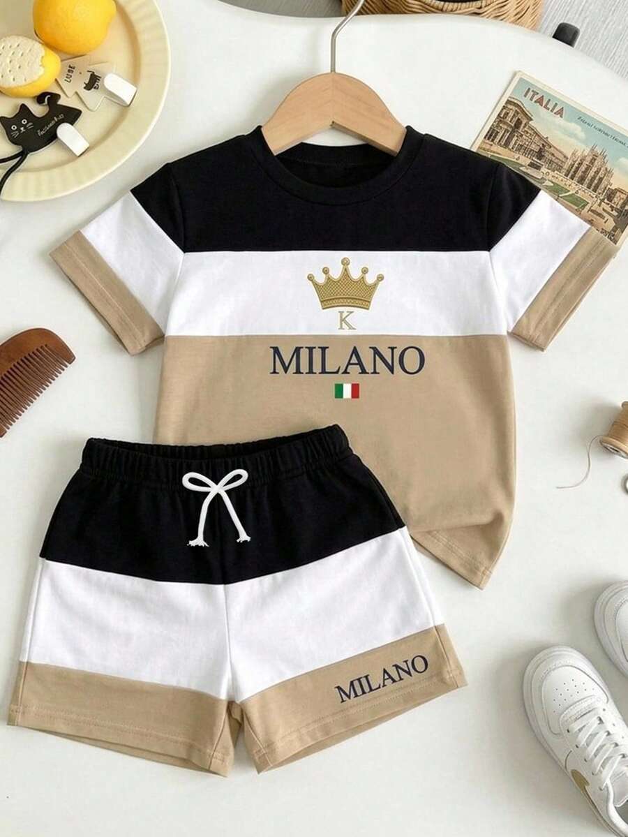 SHEIN Bộ áo thun và quần short in chữ khối màu sắc cho bé trai. - Nhiều màu - Xem 1