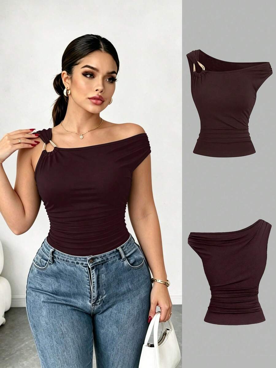 Elenzga Plus Size Women Asymmetric Collar Fitted Casual T-Shirt - Redwood - View 1