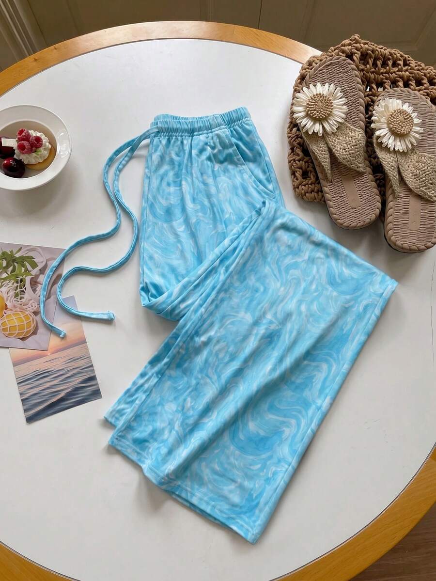 GlowEve Quần nỉ nữ, Quần nỉ nữ mùa xuân/hè mới, Trang phục mùa hè cho nữ, Quần nỉ nữ đi biển thường ngày, Quần nỉ nữ ống đứng rộng rãi, Quần nỉ nữ buộc dây, Quần nỉ nữ họa tiết biển, Thích hợp mặc ở nhà, mặc hàng ngày và đi chơi. - Xanh và trắng - Xem 1