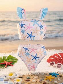 SHEIN Young Girl Starfish Print Ruffle Trim Swimwear Set - Multicolor - View 5