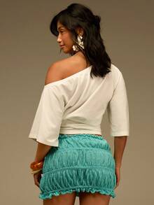 Athîral Women's Solid Color Waist Tie Ruched Knit Midi Skirt - Teal Blue - View 2