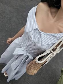 DAZY Vestido sin tirantes con lazo y rayas azules, apropiado para vestidos de verano de primavera y verano para mujeres - Azul - Ver 4