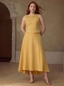 MOTF PREMIUM PLUS SIZE WOMEN'S SUMMER SEQUINS BEADED EMBROIDERED SLEEVELESS TOP AND SKIRT 2 PIECES SET - Yellow - View 5