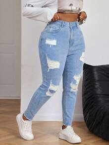 Firerie Plus Size Light Blue Ripped Skinny Stretch Jeans Formal Summer Casual - Light Wash - View 5