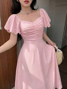 Modelyn 女士黄色梭织短袖收腰A字褶皱优雅浪漫中长连衣裙，春夏款 - 粉色 - 查看 7