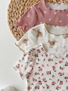 SHEIN 女婴圆领印花短袖上衣和短裤休闲家居服套装 - 彩色 - 查看 6