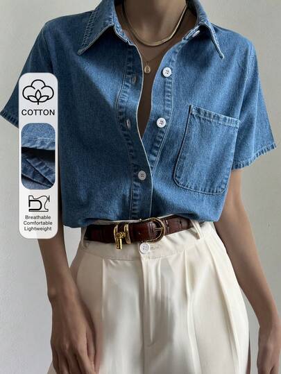 Dazy Tall Blusa casual de mujer de manga corta con cuello vuelto y holgada de tela vaquera