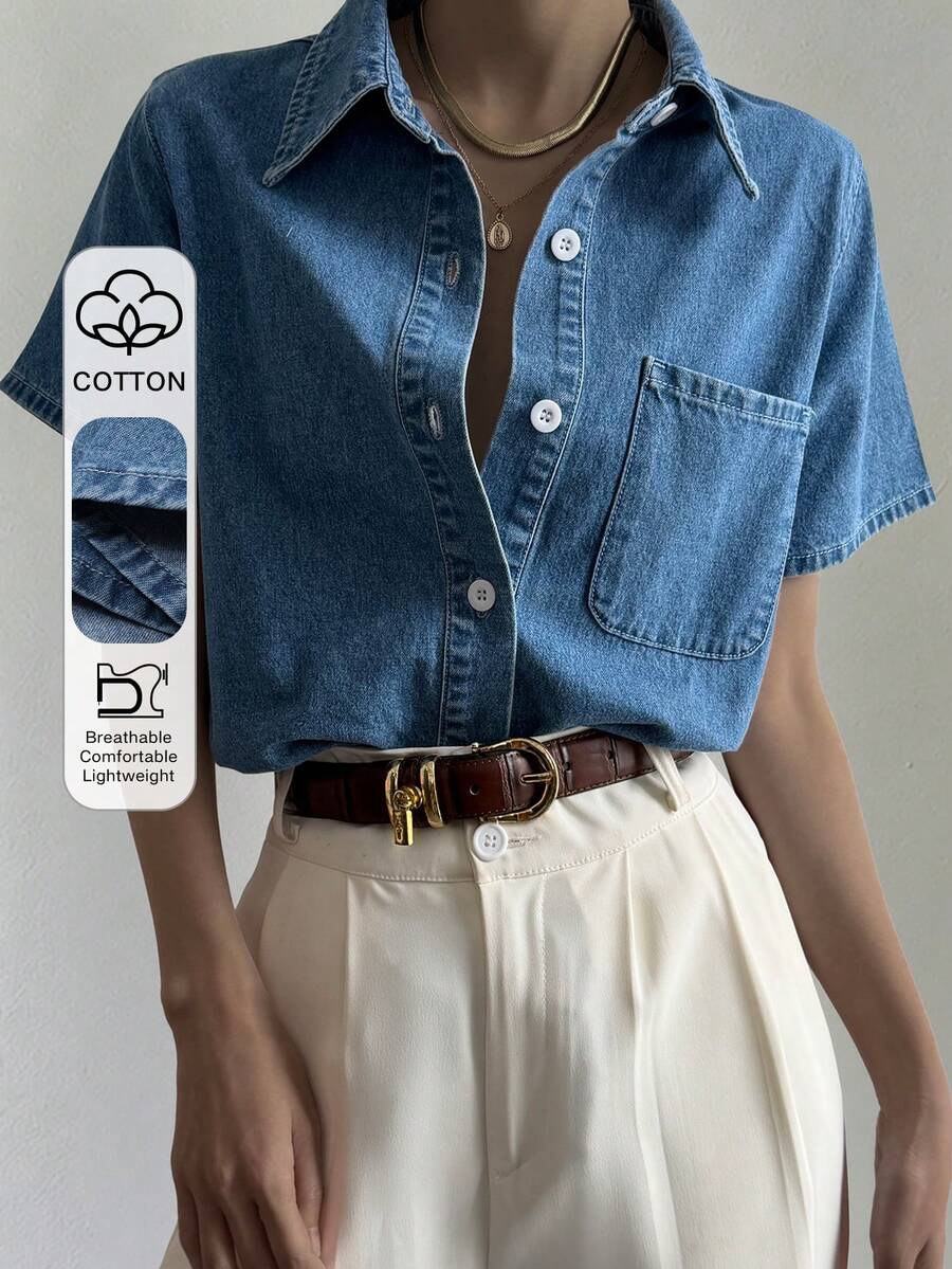 Dazy Tall Blusa casual de mujer de manga corta con cuello vuelto y holgada de tela vaquera - Azul lavado medio - Ver 1