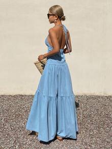 DAZY Vestido largo de mezclilla con cuello en V, sin mangas y con lazo, estilo de vacaciones para mujeres - Lavado ligero - Ver 5