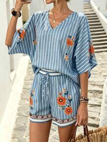 EMERY ROSE Setelan 2 Potong Wanita Atasan Lengan Panjang dan Celana Pendek Motif Bunga - MultiWarna - View 4