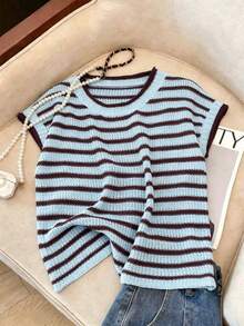 Franclia Plus Size Women Spring/Summer Casual Light Blue Round Neck Short Sleeve Knit Sweater Holiday - Multicolor - View 1