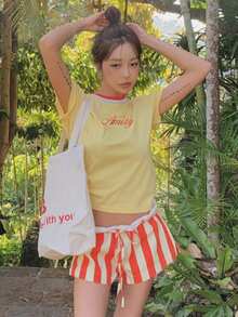 DAZY Áo thun nữ tay ngắn cổ tròn in chữ, kiểu dáng thường ngày, đa năng, thích hợp cho mùa hè. - Màu vàng - Xem 7