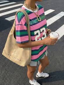 Muchica 休闲简约运动风彩色条纹23图案印花圆领宽松短袖T恤，女款，适合夏季和运动季穿着。 - 彩色 - 查看 7