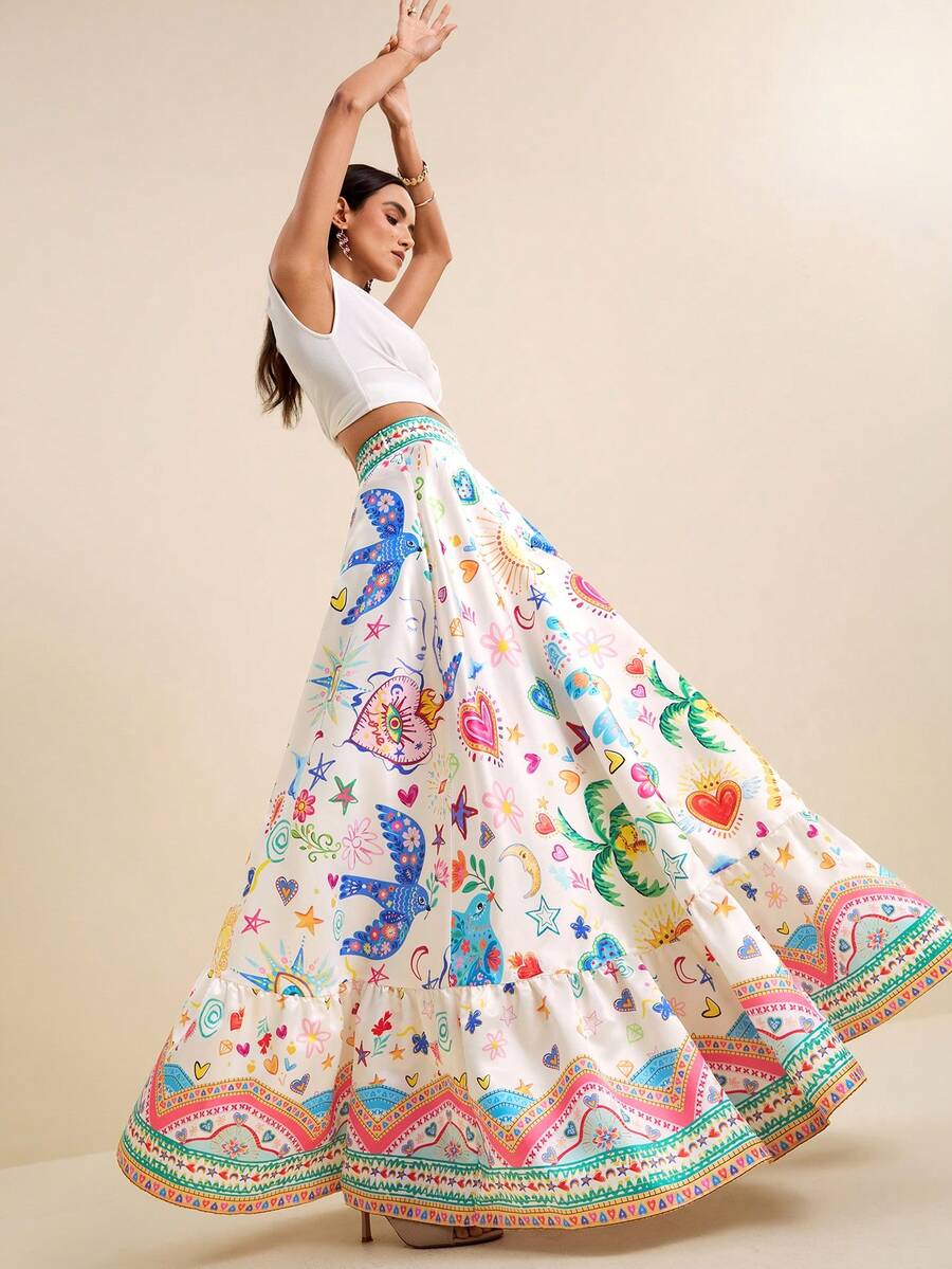 LOTSLUV Women's Colorful Playful Pattern Printed A-Line Long Satin Skirt,White,Summer,Euro,Tea Party,Vacation,Holiday Floral Skirts For Spring/Summer Vacation - Multicolor - View 1