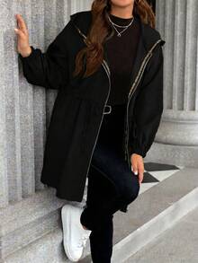 SHEIN LUNE Chaqueta casual de manga larga con capucha y cremallera frontal de color liso para tallas grandes, ropa de otoño para tallas grandes - Negro - Ver 5