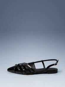 CUCCOO GRLICON Sapatos Femininos Outdoor, Bico Fino, Sola Plana, Tecido Leve PU, Design de Tira Estiloso, Simples, Confortável e Respirável, Festa Diária, Banquete, Praia, Estilo de Fivela, Adequado para Uso no Verão, Férias, Essencial para Viagens, Estilo Anos 2000 - Preto - Visão 2