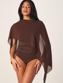 MISSGUIDED Women's Brown Chiffon Cape Bodysuit With Lace Hem Detail And Draped Overlay For Evening Special Occasions - Coffee Brown - View 5