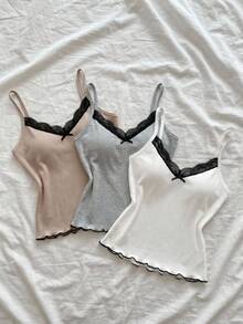 SHEIN 纯棉三件套罗纹针织纯色撞色蕾丝吊带背心休闲上衣家居服舒适睡衣套装，夏季适用 - 彩色 - 查看 5
