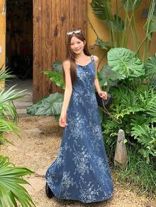 DAZY Vestido vaquero largo de línea A con estampado floral completo, tirantes finos y textura en la cintura, elegante y casual, para mujer. Vestidos de verano para mujeres - Azul - Ver 5