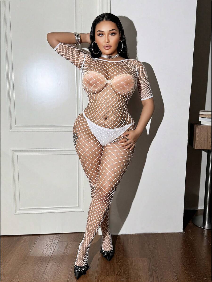 ChaseTheNight 1pc Plus Size Sexy Bodystocking - White - View 1