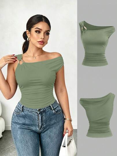 Elenzga Camiseta ajustada con cuello asimétrico talla grande, top casual versátil, primavera/verano