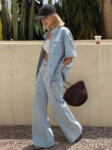 Livesso Bộ đồ denim nữ tay ngắn cổ xanh, kiểu dáng thường ngày, đã qua xử lý, màu xanh nhạt. - Màu xanh lam - Xem 4