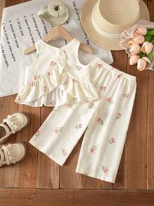 SHEIN 女婴碎花荷叶边圆领上衣和松紧腰裤休闲日常装 - 白色 - 查看 2