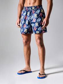 SUMWON Regular Fit All-Over Monogram Print Swim Trunks With Elastic Drawstring Waist Summer Beach Holiday Shorts - Royal Blue - View 5