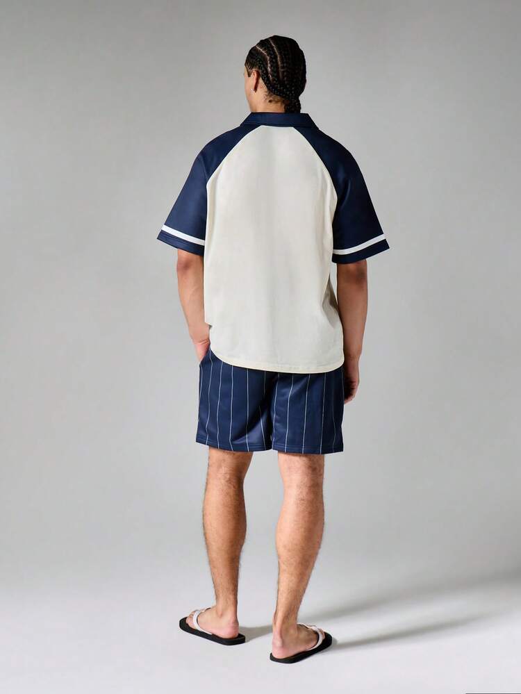 Box Fit Polo Co-Ord Set With Raglan Sleeves Chest Graphic And Pinstripe Shorts Summer Casual Outfit