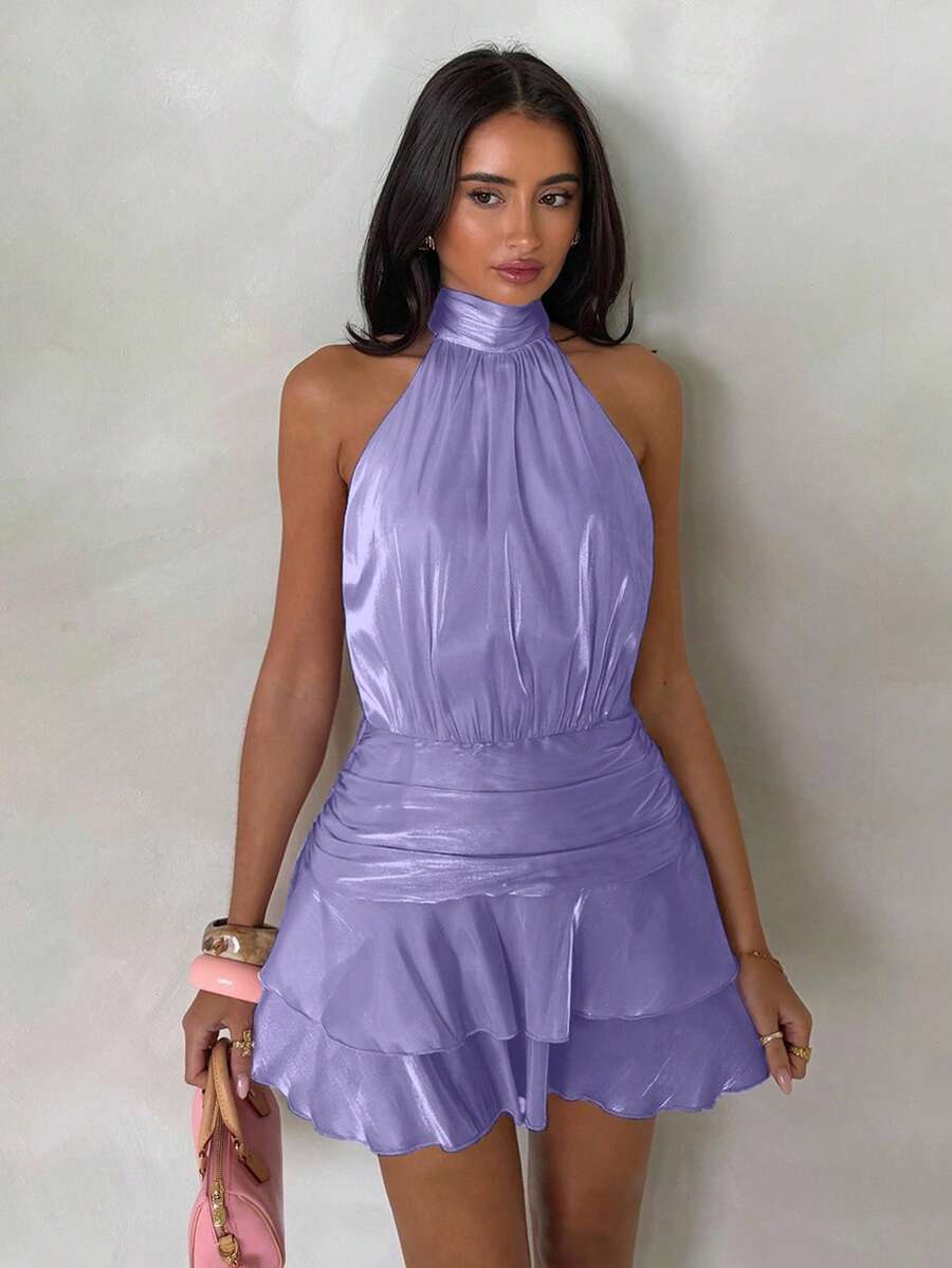 Glamine Women's Pink Satin Chiffon Halter Neck Backless Mini Dress, Sexy Waist Exposed Double Ruffle Hem A-Line Short Skirt, Elegant Summer Outfit Suitable For Concert, Party, Romantic Date, Graduation Ceremony And Other Occasions - Purple - View 1