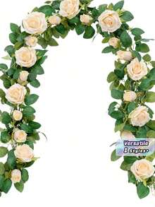 1 Peça Guirlanda Artificial de Rosas de Seda Champanhe com 2 metros, Guirlanda de Rosas Falsas, Adequada para Decoração de Natal, Dia dos Namorados, Dia das Mães, Decoração de Casamento, Decoração de Armário, Decoração de Parede Interna, Decoração de Mesa em Casa, Decoração de Quarto, Decoração de Corrimão de Escada - Champanhe - Visão 1