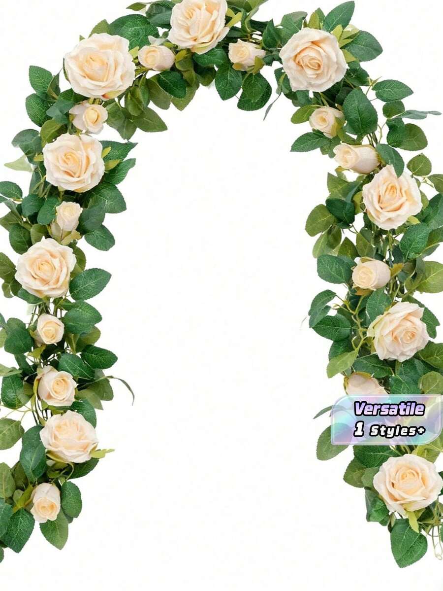 1 Peça Guirlanda Artificial de Rosas de Seda Champanhe com 2 metros, Guirlanda de Rosas Falsas, Adequada para Decoração de Natal, Dia dos Namorados, Dia das Mães, Decoração de Casamento, Decoração de Armário, Decoração de Parede Interna, Decoração de Mesa em Casa, Decoração de Quarto, Decoração de Corrimão de Escada - Champanhe - Visão 1