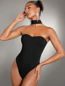 SHEIN BAE Women's Solid Color Halter Neck Bodysuit, Fitted And Versatile For Daily Wear - Black - View 2