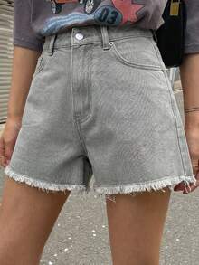 DAZY Quần short denim màu xanh lá cây kiểu dáng nghỉ mát, họa tiết ngôi sao đính đá lấp lánh, viền tua rua dành cho nữ, thích hợp cho mùa hè. - màu xanh lá - Xem 2